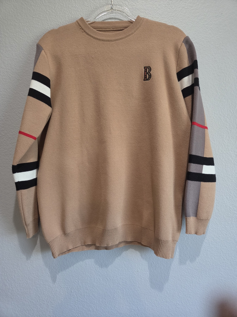 Men's Tan Crewneck Sweater with Striped Sleeve Detail